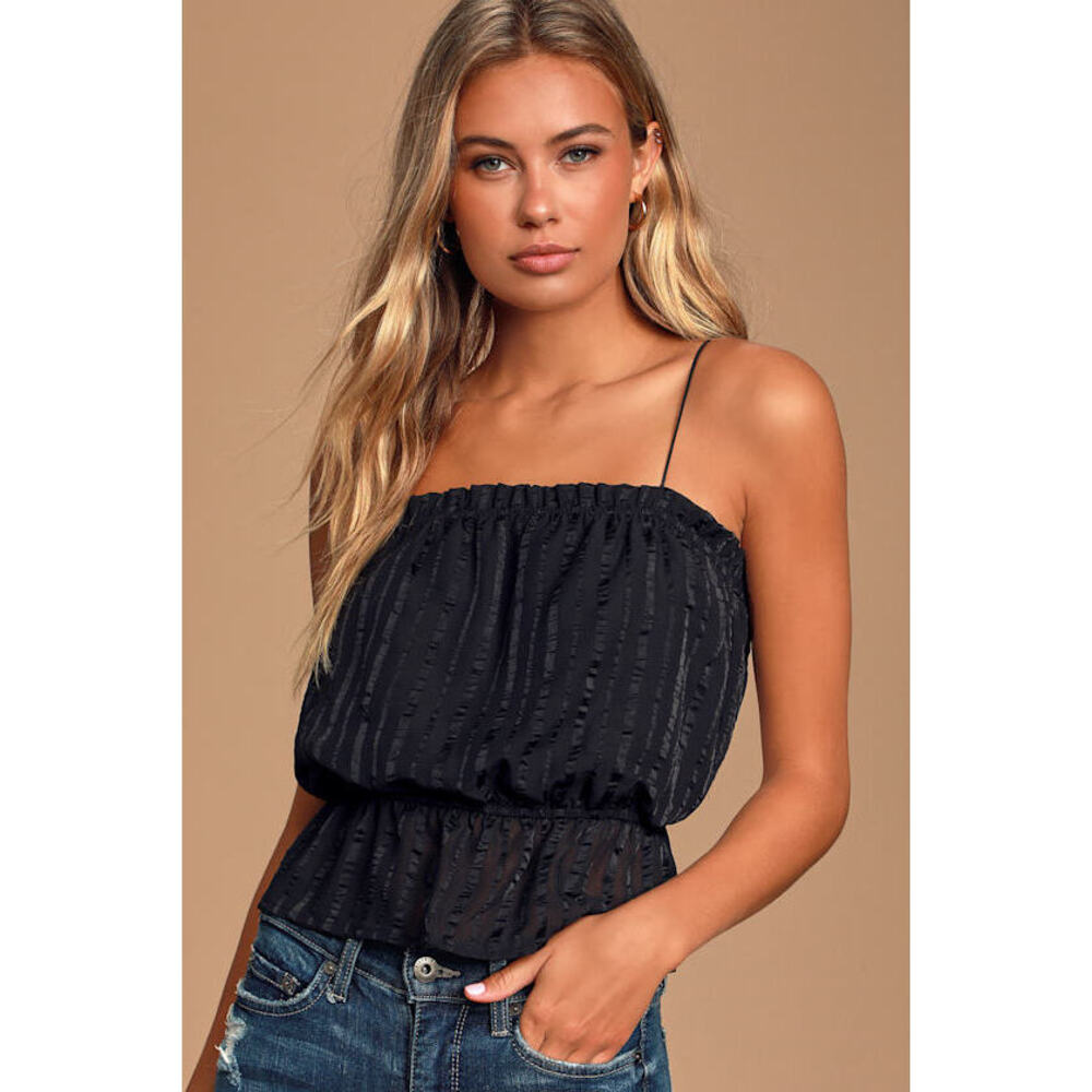 Lulus Hyde Black Striped Ruffled Crop Top - Size L